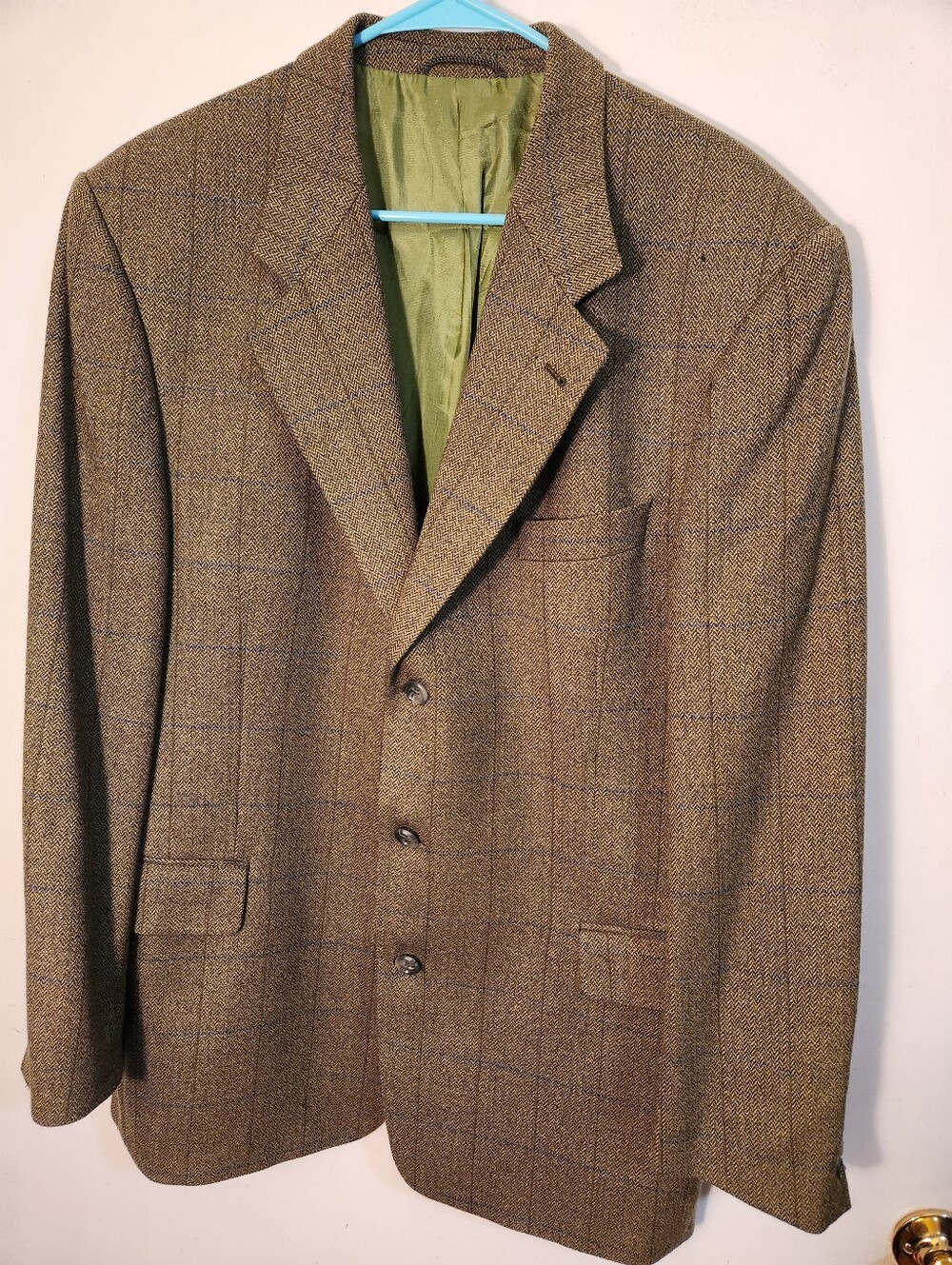 Classic Moss Green Windowpane Tweed Blazer - Men's Suit Jacket